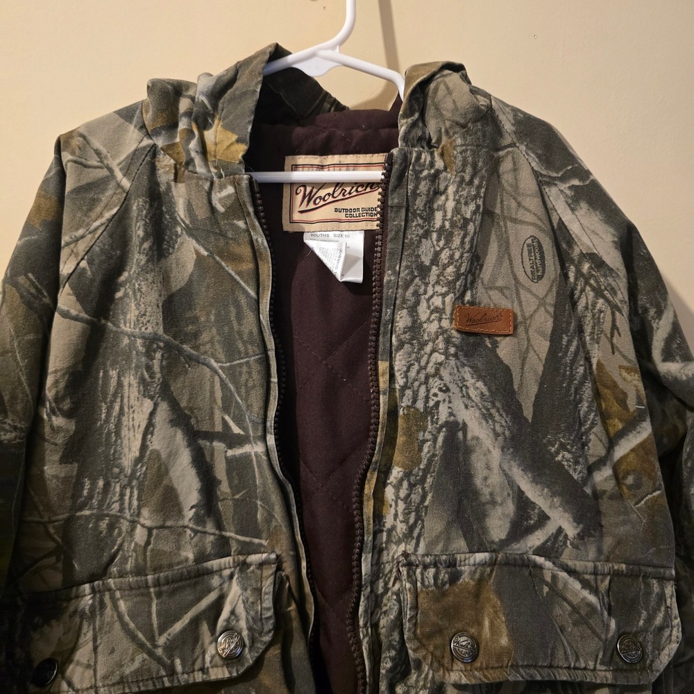 Woolrich Camo Hooded Jacket Youth 10 Green RealTree Hardwoods Hunting Workwear - Picture 7 of 8